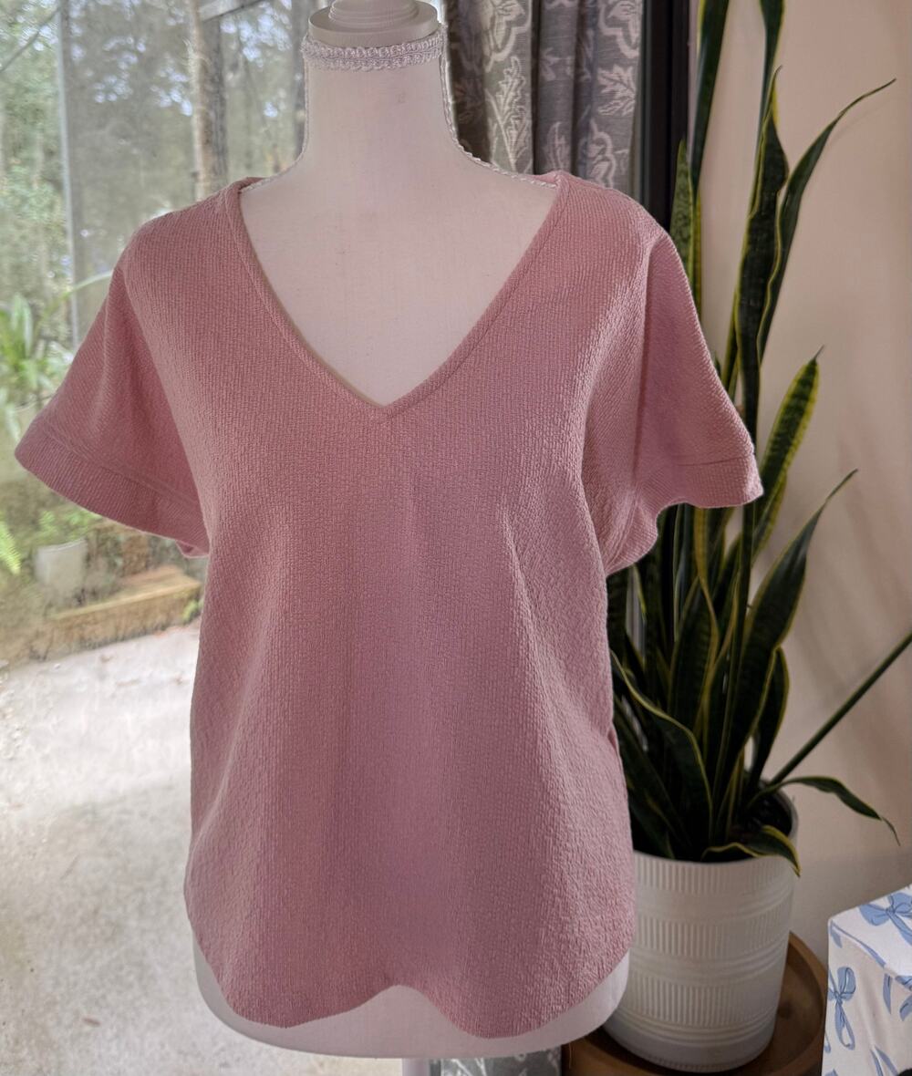 Joie Pink Textured Knit V-Neck Short Sleeve Sweater Top Size L